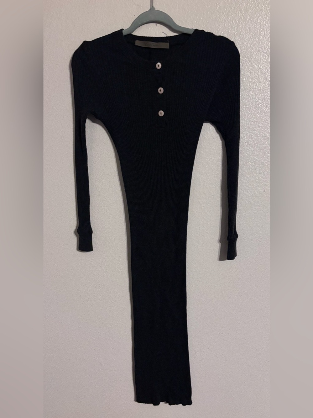 Enza Costa Dark Gray Ribbed Cashmere Blend Henley Midi Dress